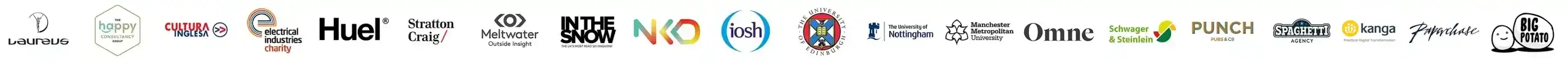 A selection of Full Proof’s clients, including Huel, Meltwater, IOSH, Paperchase and the universities of Edinburgh, Nottingham and Manchester